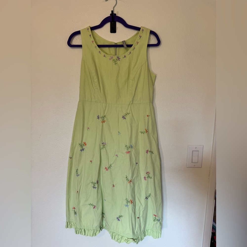 Hanna Andersson Womens Embroidered Cotton Dress Green Floral Ruffle Size 6 EUC